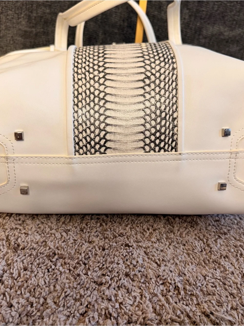 Vince Camuto White Tote Bag with Snake skin Center Panel